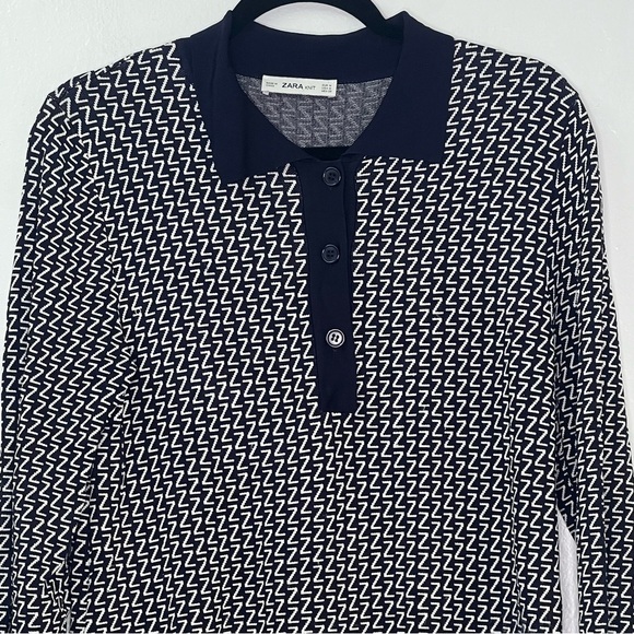 ZARA Knit Shirt Dress Collared Long Sleeves Mini Dress All Over Z Print Sz M - Picture 3 of 10